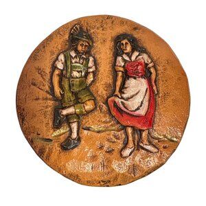 European Folk Art Magnet With Bavarian Couple In ReliefResin Vintage